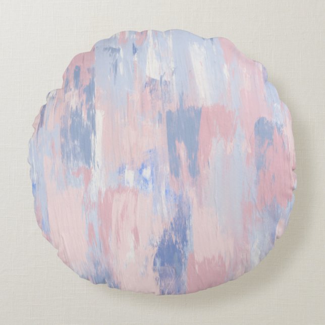 Abstract Blush and Blue Paint Strokes Round Cushion (Front)