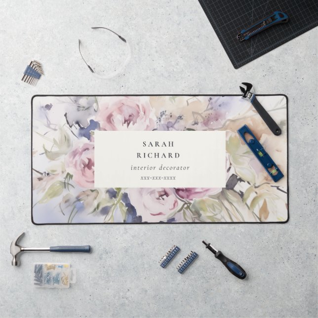 Abstract Blush Lilac Watercolor Rose Floral Bunch Desk Mat (Workstation)