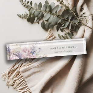 Abstract Blush Lilac Watercolor Rose Floral Bunch Nameplate