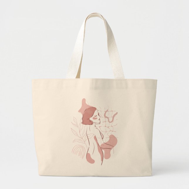 Abstract Bohemian Women Illustration , Earth Tones Large Tote Bag (Front)