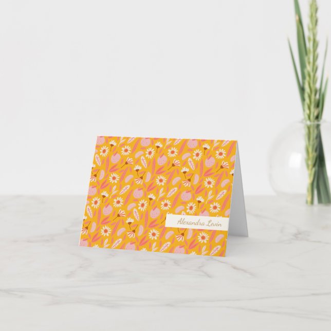Abstract Boho Botanical Fruit Yellow Script Name Thank You Card (Front)
