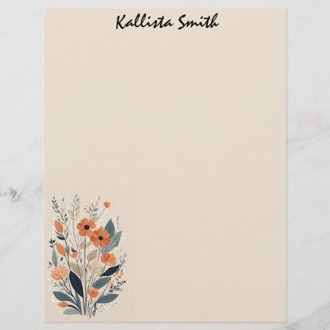 Abstract Boho Floral Raw Sienna and Salmon Custom Letterhead (Front)