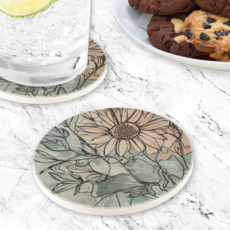 Abstract Boho Floral Sage and Beige Coaster