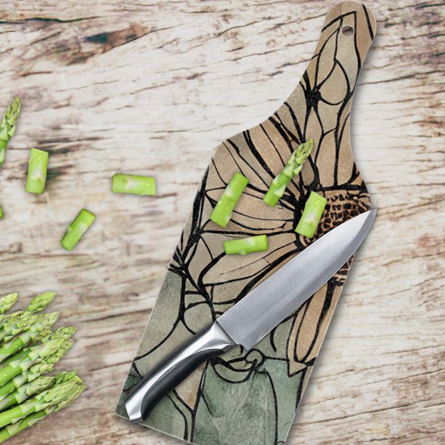Abstract Boho Floral Sage and Beige Cutting Board (This pretty glass cutting board is the perfect addition to any boho kitchen. )