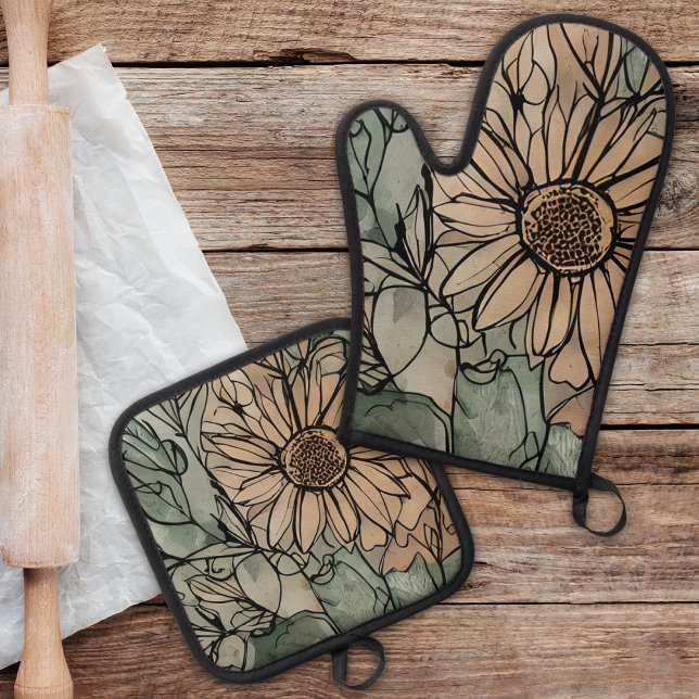 Abstract Boho Floral Sage and Beige Oven Mitt & Pot Holder Set (These pretty kitchen essentials are available as a set or individually. )