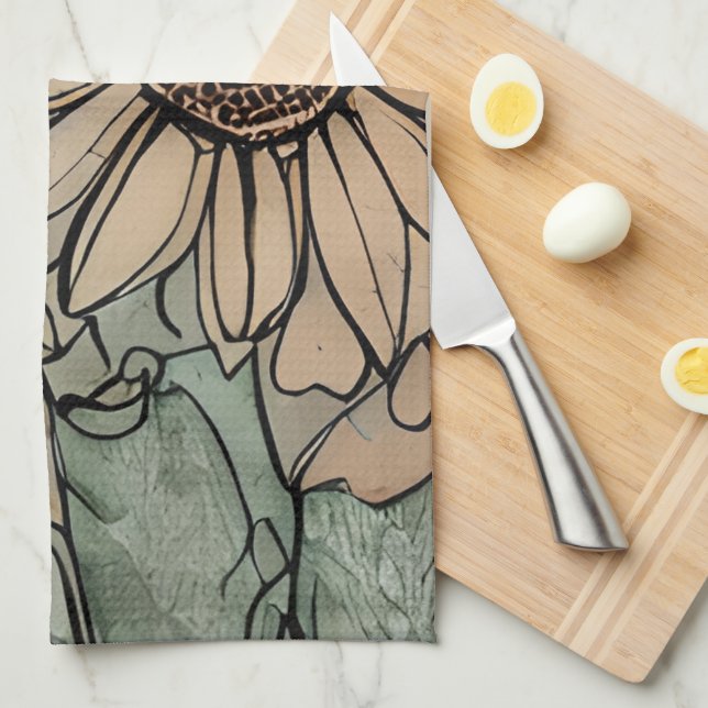 Abstract Boho Floral Sage and Beige Tea Towel (Quarter Fold)