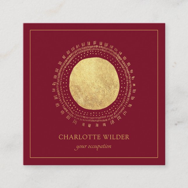 Abstract Boho Gold Foil Circle Square Red Business Card (Front)