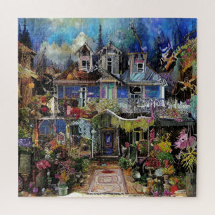 Abstract Boho Haunted House Floral Collage Jigsaw Puzzle