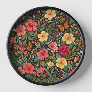 Abstract Boho Hibiscus Butterflies Art Clocks