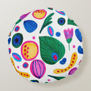 Abstract Boho Maximalist Botanical Garden Round Cushion