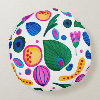 Abstract Boho Maximalist Botanical Garden Round Cushion