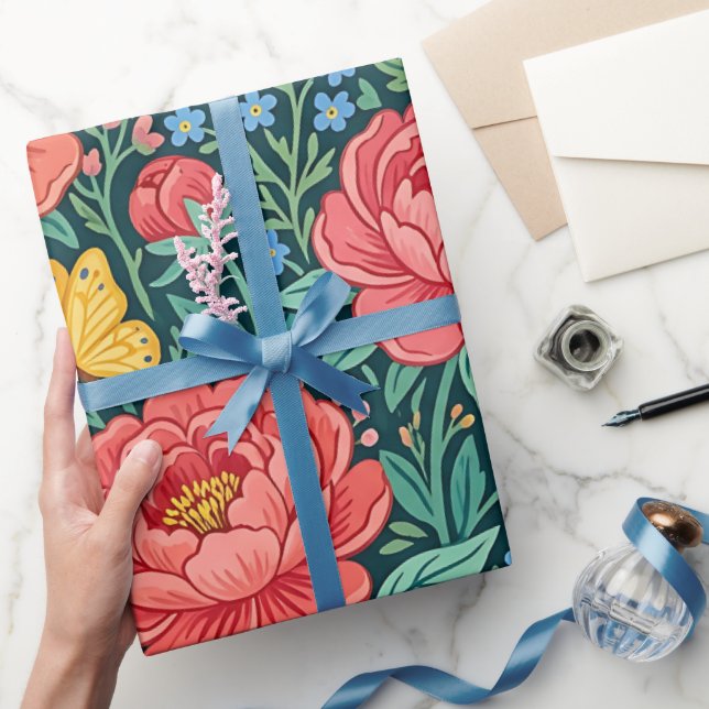 Abstract Boho Peonies Butterflies Wrapping Paper (Gifting)