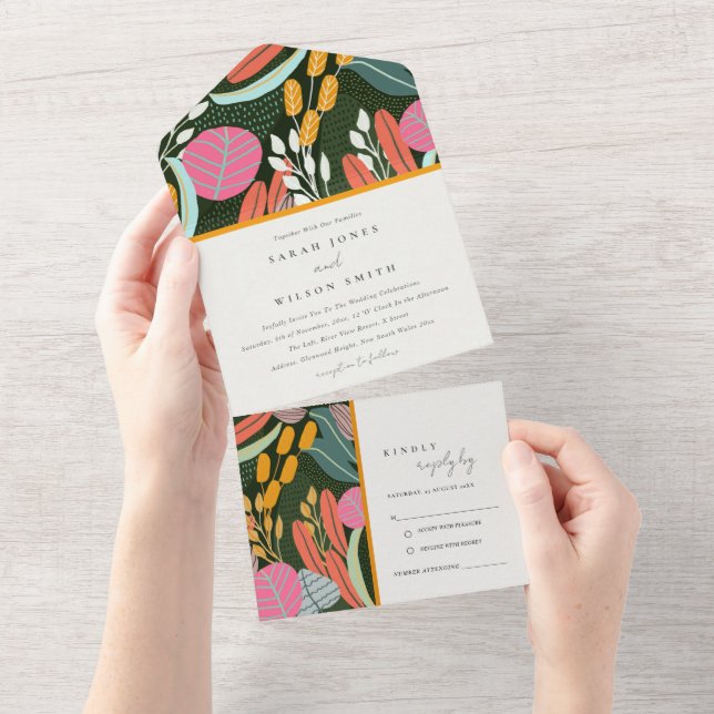 Abstract Bold Colourful Tropical Botanical Wedding All In One Invitation (Tearaway)