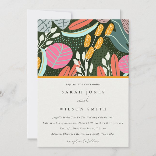 Abstract Bold Colourful Tropical Botanical Wedding Invitation (Front)
