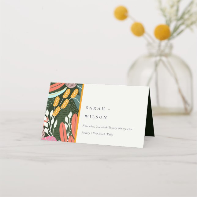 Abstract Bold Colourful Tropical Botanical Wedding Place Card (Front)
