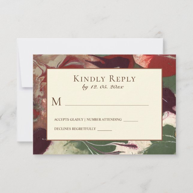 Abstract Bold Colours Red Green Purple Gold Weddin RSVP Card (Front)