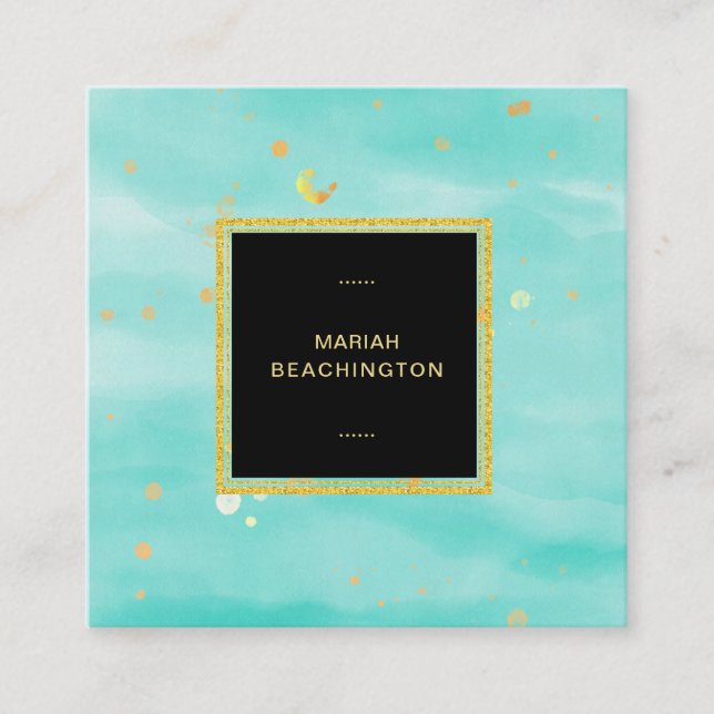 *~* Abstract Bold Gold Dust and Mint Gold Bubbles Square Business Card (Front)