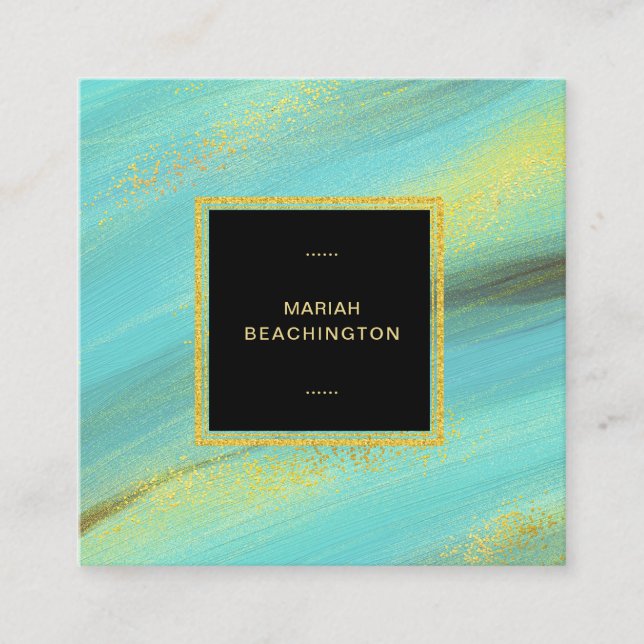 *~* Abstract Bold Gold Dust and Turquoise Glitter Square Business Card (Front)