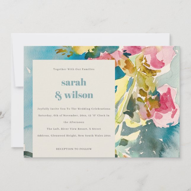 Abstract Bold Pink Blue Watercolor Floral Wedding Invitation (Front)