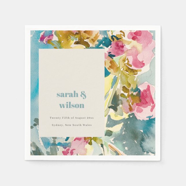 Abstract Bold Pink Blue Watercolor Floral Wedding Napkin (Front)