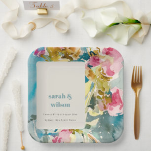 Abstract Bold Pink Blue Watercolor Floral Wedding Paper Plate