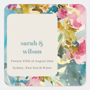 Abstract Bold Pink Blue Watercolor Floral Wedding Square Sticker