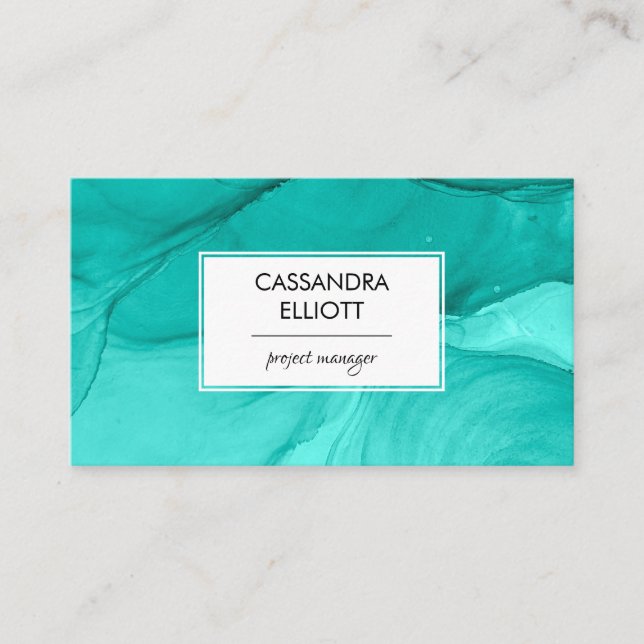 Abstract Bold Teal Unique Alcohol Ink Liquid Art Business Card (Front)