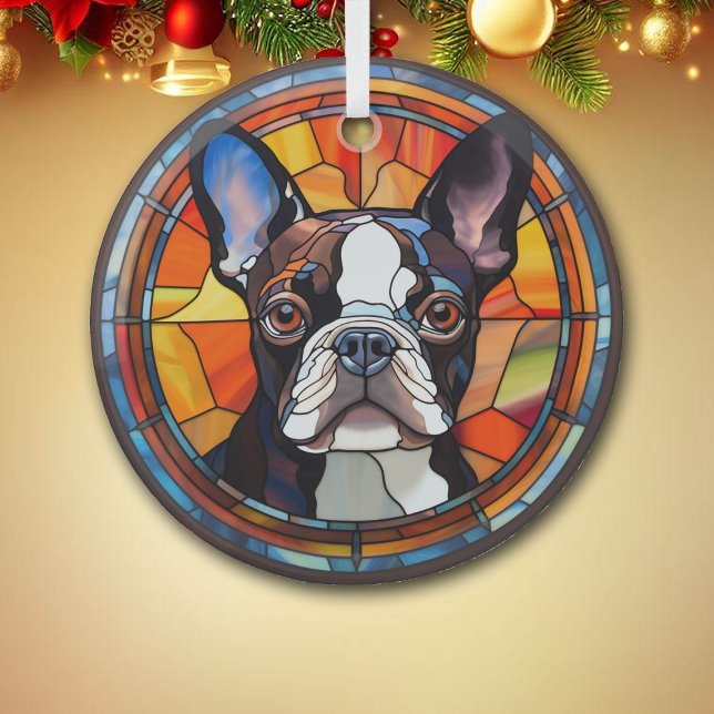 Abstract Boston Terrier Dog Stained Glass Tree Decoration (Creator Uploaded)
