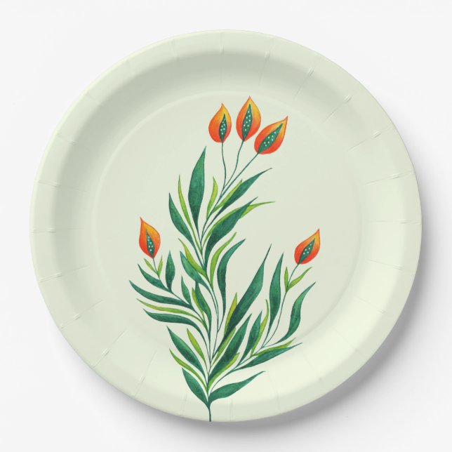 Abstract Botanical Art Spring Plant Paper Plate (Front)