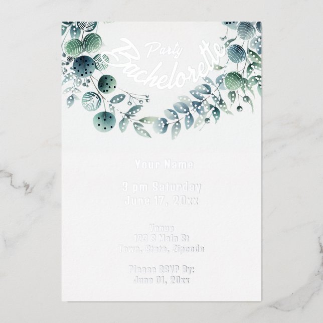 Abstract Botanical Eucalyptus Leaf Foil Invitation (Front)