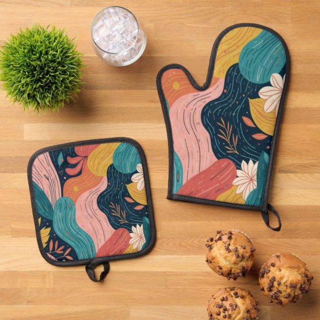 Abstract Botanical Flow Oven Mitt & Pot Holder Set (Top Down)