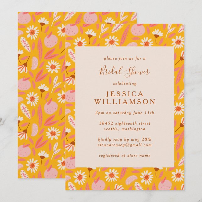 Abstract Botanical Fruit in Yellow Bridal Shower Invitation (Front/Back)