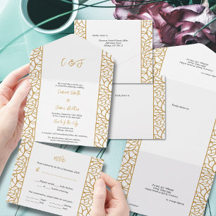 Abstract Botanical Line Foliage White & Aztec Gold All In One Invitation