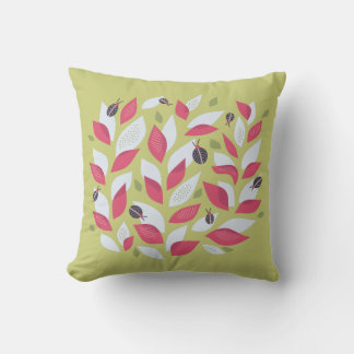 Abstract Botanical Pink Leaves Ladybugs Spring Cushion