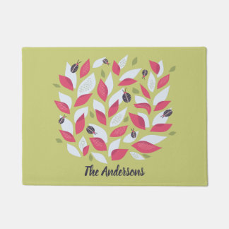 Abstract Botanical Pink Leaves Ladybugs Spring Doormat