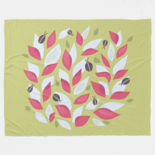 Abstract Botanical Pink Leaves Ladybugs Spring Fleece Blanket