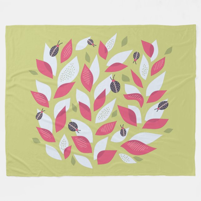 Abstract Botanical Pink Leaves Ladybugs Spring Fleece Blanket (Front (Horizontal))