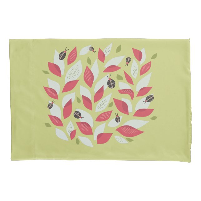 Abstract Botanical Pink Leaves Ladybugs Spring Pillowcase (Front)