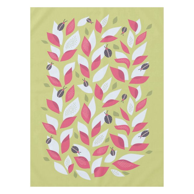 Abstract Botanical Pink Leaves Ladybugs Spring Tablecloth (Front)