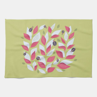 Abstract Botanical Pink Leaves Ladybugs Spring Tea Towel