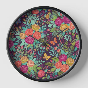 Abstract Botanical Roses Butterflies Art Clocks