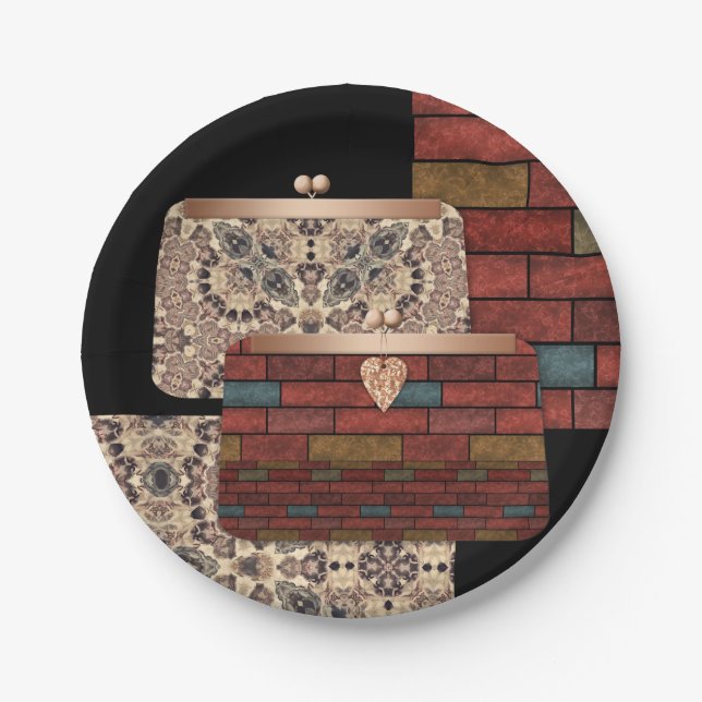 Abstract bricks wall ornamental print bags clutche paper plate (Front)