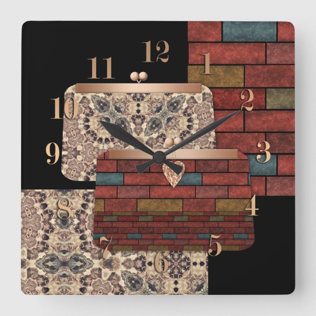 Abstract bricks wall ornamental print bags clutche square wall clock (Front)