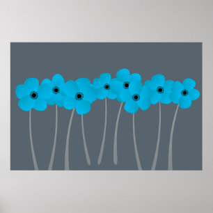 Abstract Bright Blue Anemones Impression in Blue Poster