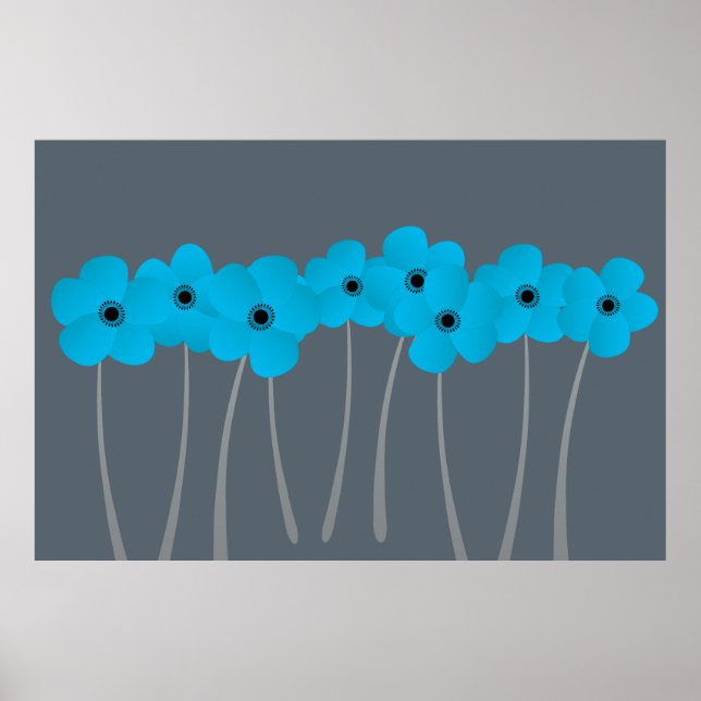 Abstract Bright Blue Anemones Impression in Blue Poster (Front)