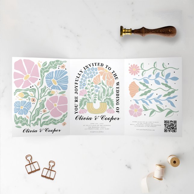 Abstract Bright Colourful Floral Wedding Details Tri-Fold Invitation (Creator Uploaded)