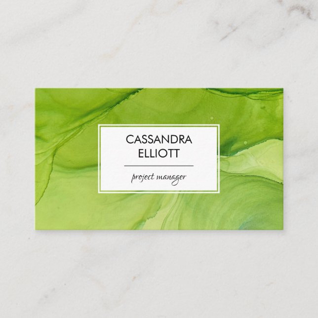 Abstract Bright Green Alcohol Ink Liquid Art Business Card (Front)
