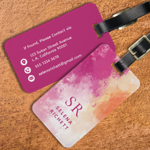 Abstract Bright Pink Orange Girly Monogrammed Luggage Tag