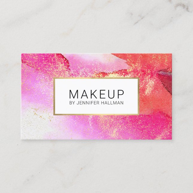 Abstract Bright Pink Watercolor Faux Gold Dust Business Card (Front)