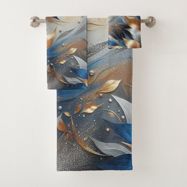 Abstract Bronze and Blue Leaf Print Towel Set (Insitu)